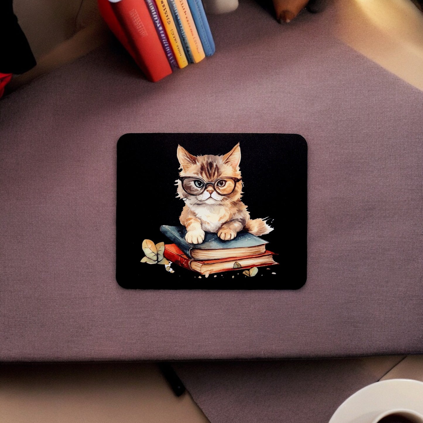 FARFIL Charming Feline on Books Mousepad: Add Playful Elegance to Your Workspace